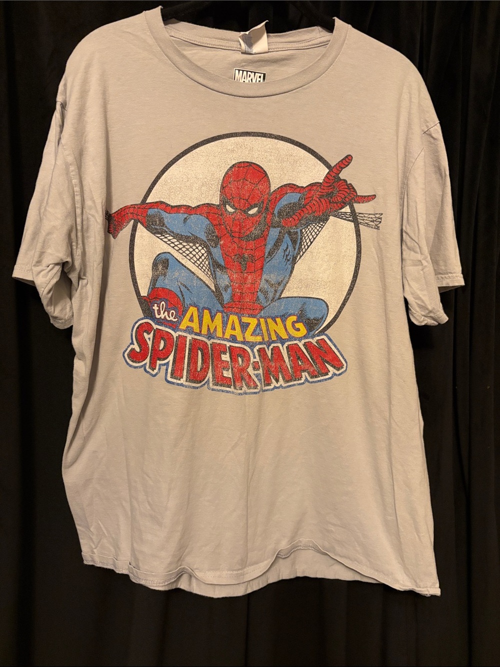 Vintage Marvel Spider-Man Graphic Tee - Light Gray with Red & Blue Art